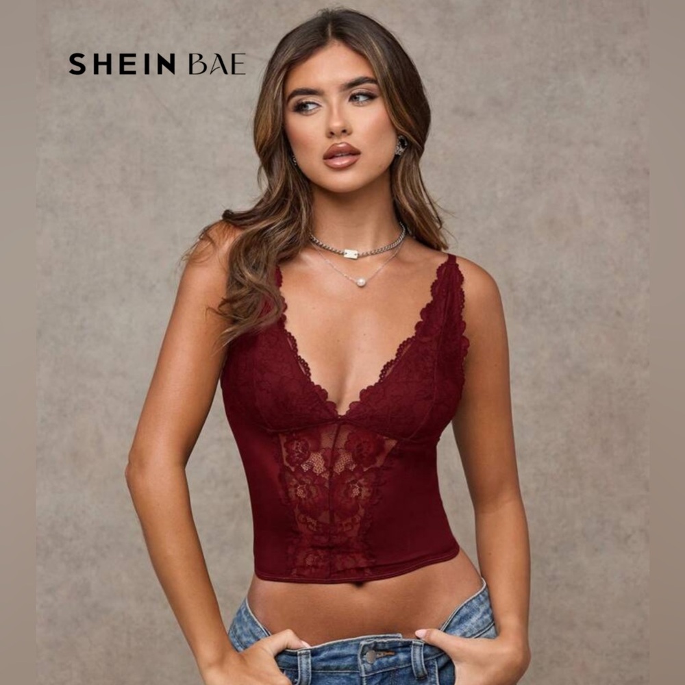 SHEIN burgundy lace going out top